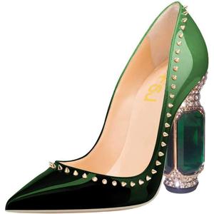 FSJ Women Bridal Pointed Toe Chunky High Heel Crystal Pumps Slip on Wedding Thick Comfort Shoe Size 7.5 Green Gradient