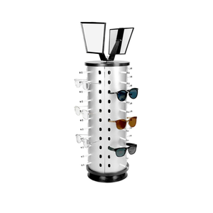 QWORK Glasses Holder Organizer, Rotating Sunglasses Display Stand, 44 Pairs Sunglasses Holder Eyeglass Display Turning Stand with Mirror, Store Countertop Eyeglasses Rack