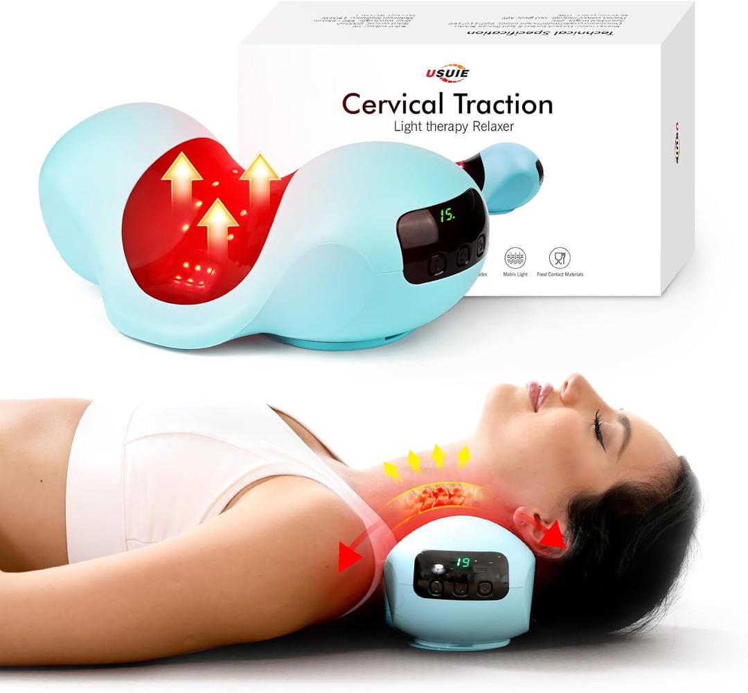 Red Light Therapy Neck Traction Pillow, Neck Stretcher for Neck Pain Relief, Cervical Traction Device for Tension Headache and Neck Hump Corrector Light Blue