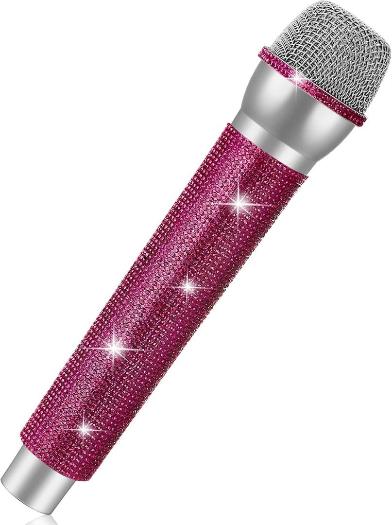 Sanwuta Glitter Prop Microphone, Rhinestone Fake Microphone, Sparkly Bling Toy Mic for Pretend Play Lip Sync, Cosplay Costume Accessories, Disco Karaoke Party Favors(Silver Pink)