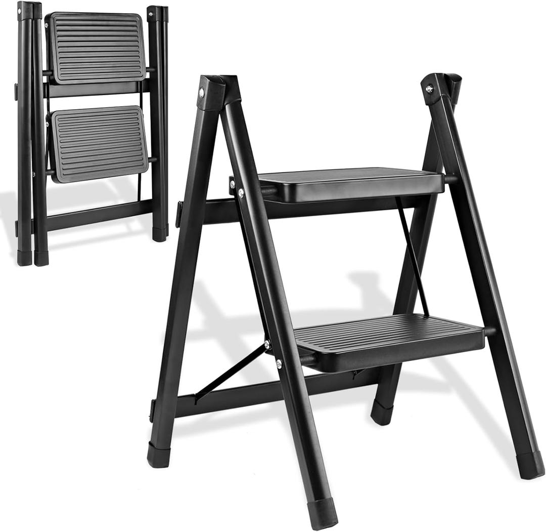 2-Step Ladder, Folding Step Stool for Kitchen/Closet/Garage, Sturdy & Lightweight Aluminum Handy Ladder, 250 lbs Capacity, Anti-Slip Pedals, Compact & Portable for Home DIY & Everyday Use, Black