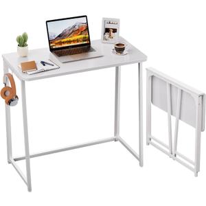 WOHOMO Folding Desk, 31.5" Small Desk for Small Spaces, Easy Assemble Foldable Computer Desk for Laptop, Mini Portable Working Table Narrow Wooden Writing Workstation for Home Office, White