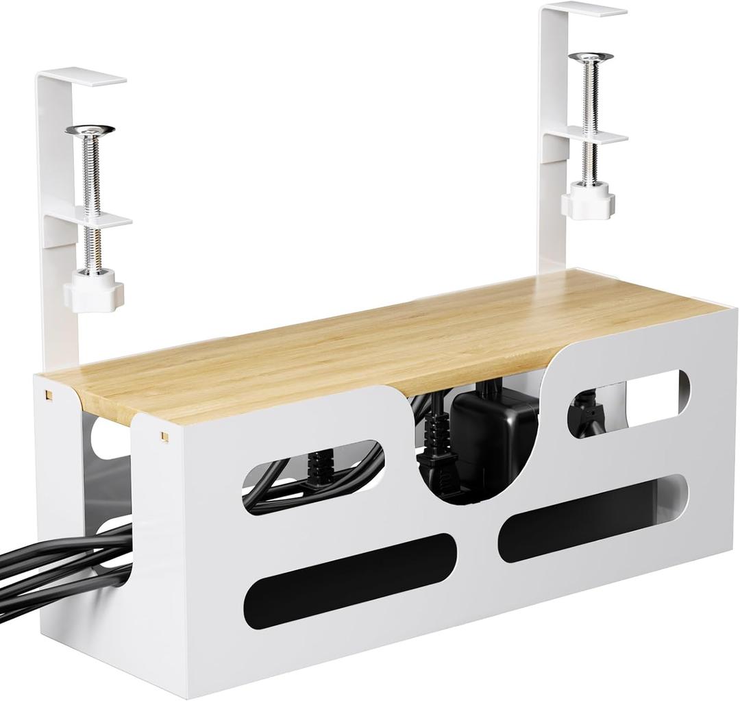 Under Desk Cable Management Box with Lid, Large Cable Management Tray, Cord Organizer for Desk with Adjustable Clamps for Home and Office