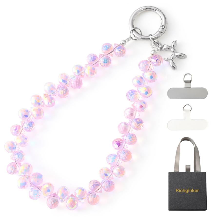 1 pc Crystal Phone Wrist Strap Phone Charm Chain Keychain Beaded Cellphone Lanyard with Tether Tab Hands-Free Wristlet Bracelet Wrist Grip Strap for Women, D-Pink AB (1 Count (Pack of 1))