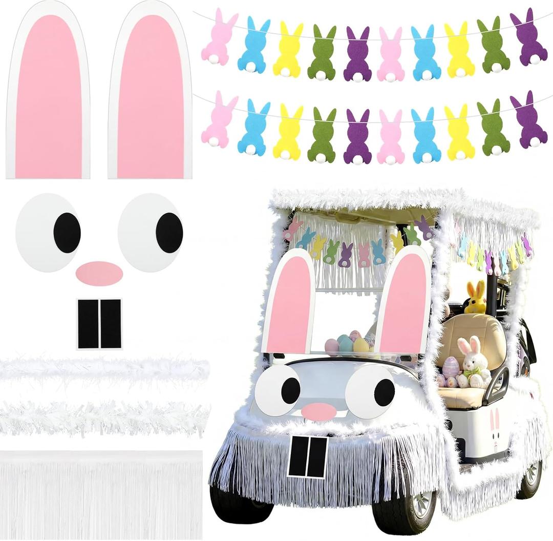 Moucuny 12 Pcs Easter Bunny Golf Cart Decoration Kit 1 Set Giant Felt Rabbit Model 3 Silver Thread Felt Strip 2 Curved Rain Curtain 2 White Felts Strip 2 Easter Bunny Banners for Golf Cart Accessories