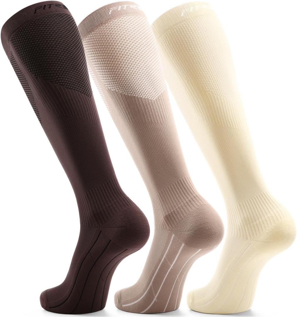 FITRELL 3 Pairs Compression Socks for Women and Men 20-30mmHg- Support Socks for Travel, Running, Nurse, Knee High Socks, Tan+Almond+Khaki S/M