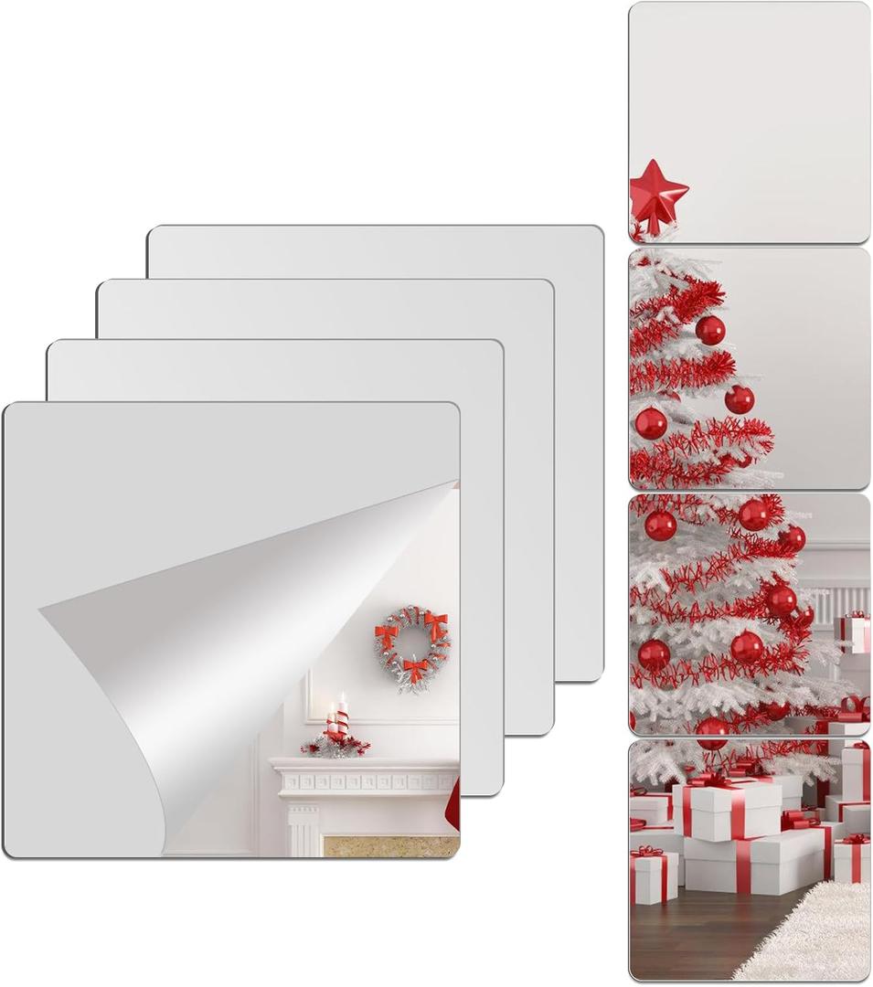 Unbreakable Acylic Small Mirror Tiles for Kids, (4-Pcs 12x12 Inch) Plastic Mirrors for Wall, Stick on Mirrors for Wall Decor, Shatterproof Mirror for Kids Bedroom