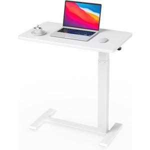 Ywin Medical Adjustable Overbed Bedside Table with Wheels, Swivel Rolling Standing Desk, Pneumatic Small Side Bed Table with Tray for Couch, Hospital, Home,Office Use,(32" W X 18" D, White)