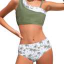 JiAmy Swimsuit for Girls 3 Piece Tropical Print Swimwear with Cover Up Skirt Adjustable Spaghetti Strap Bikini 9-16 Y Green