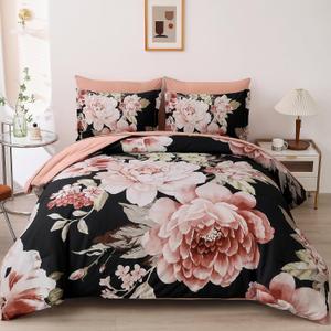 Floral Comforter Set Queen Size 7 Pieces Bed in a Bag, Pink Black Floral Bedding Sets Elegant Flower Bed Set Lightweight Comforter for All Season with Flat Sheet, Fitted Sheet, Pillowcases & Shams