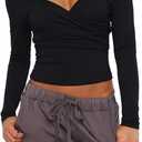 Women Off Shoulder Wrap Tops Long Sleeve Solid Color Slim Fitted T-Shirt Ruched Crop Tops (Black, S)