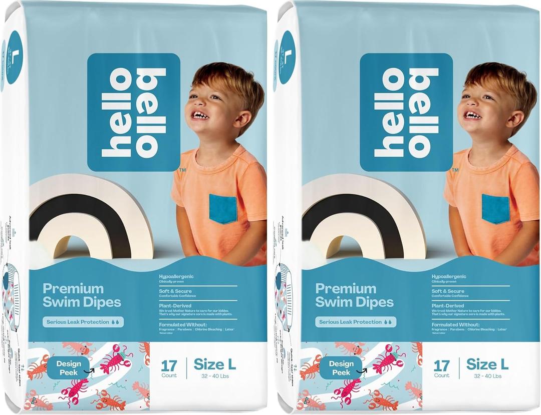 Hello Bello Premium Swim Diapers - Size L (32-40 lbs), Cute Extra-Bright Lobster Designs, 17 Count Jumbo Pack (Pack of 2)