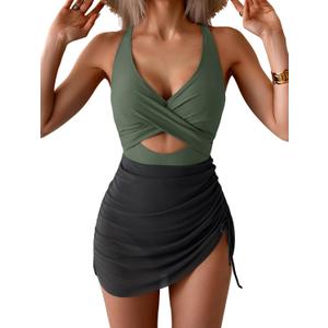 B2prity Women Mesh One Piece Swimdress Swimsuit Tummy Control V Neck Cutout Bathing Suit Wrap Drawstring Sarong Swimwear (Green, M)