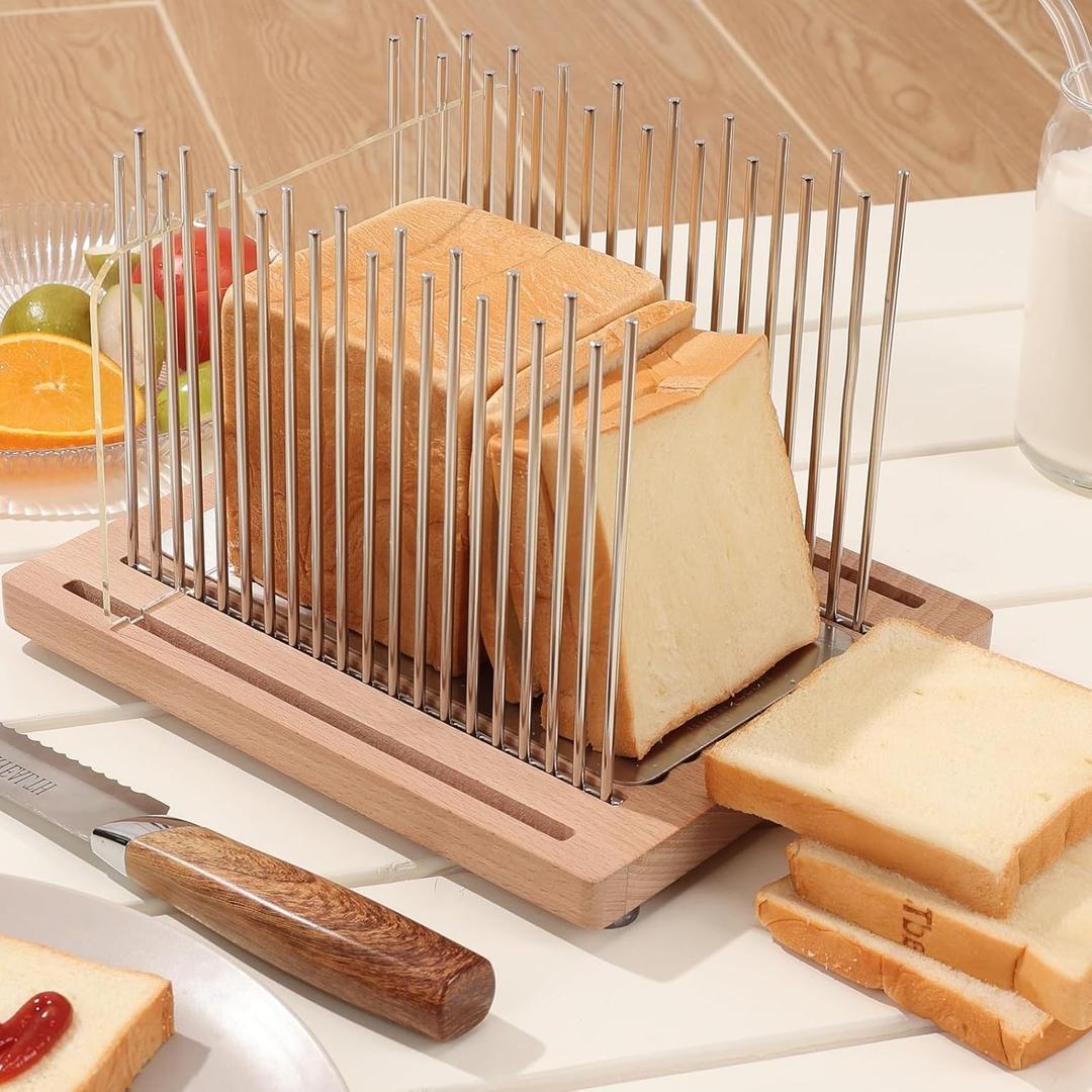 Bread Slicer, Stainless Steel Bread Slicer for Homemade Bread,Adjustable Bread Slicing Guide with Beechwood Bread Cutting Board for Loaf,Bagels & Baguette, Durable and Stable Wooden Structure