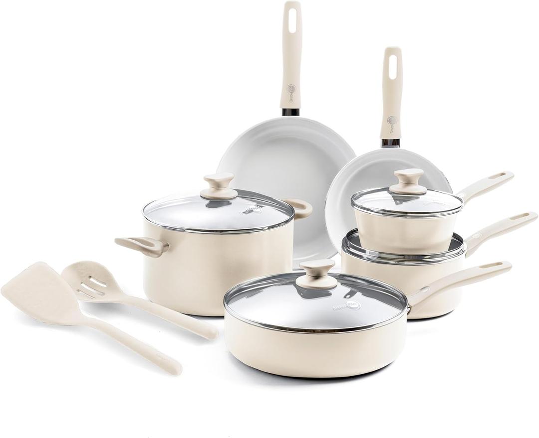 GreenPan Dover Healthy Ceramic Nonstick, 12 Piece Cookware Pots and Pans Set, PFAS-Free, Dishwasher Safe, Comfort Grip Handle, Cream White
