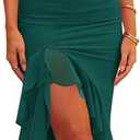 Hocuos Womens 2025 Round Neck Long Sleeve Ruffle Hem Midi Dress Mesh Ruched Bodycon Formal Cocktail Wedding Guest Dresses (Small, Z Drak Green)