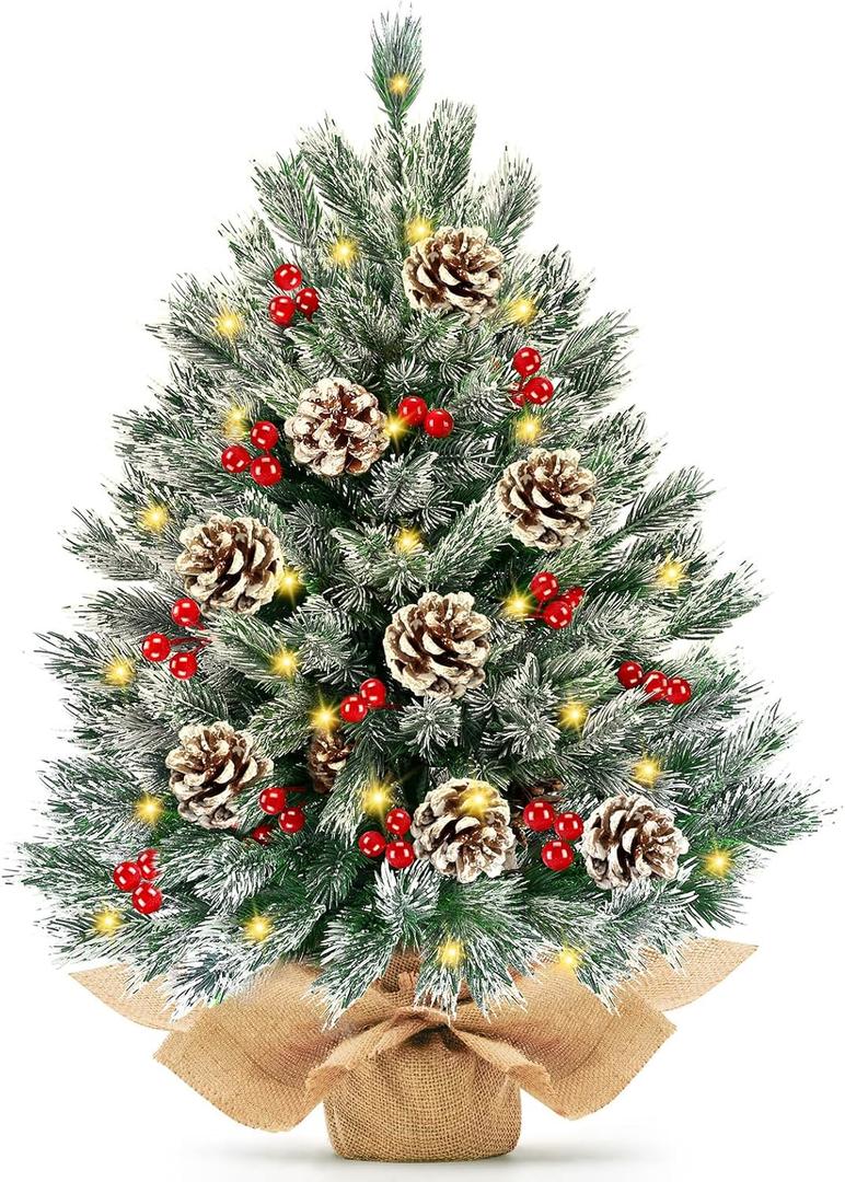 24 Inch Realistic Snowy Tabletop Christmas Tree Small Christmas Tree with 50 Warm Lights Battery Operated Xmas Tree Berry Pinecone Burlap Base Indoor Home Table Christmas Decorations