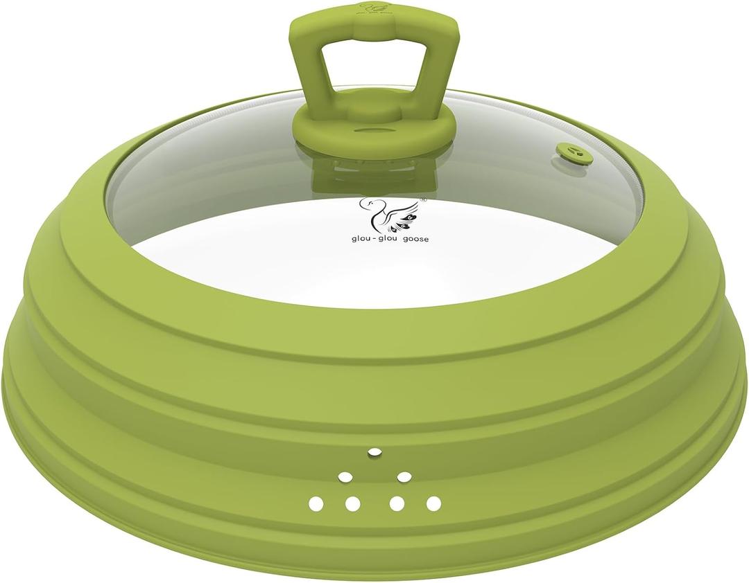 Microwave Splatter Cover Vented Glass Splatter Guard Lid with Collapsible Silicone for Food as Pot Cover 11.8 inch Large Plate for 6 7 8 9 10 11 inch Plate Bowl (Green)
