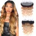 Ombre 13 x 4 Lace Frontal Closure Body Wave HD Transparent Ear to Ear HD Lace Frontal Closure Pre Plucked With Baby Hair Free Part 100% Remy Human Hair 180% Density (14 Inch)