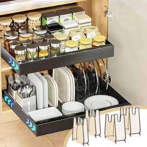 Pull Out Cabinet Organizer 21 Inch Deep, Expandable 12.6"-20.5" Width, No Drill Slide Out Drawer with Adhesive Nano Film and Divided Racks for Kitchen, Pantry, Bathroom(1 Pack, Black)