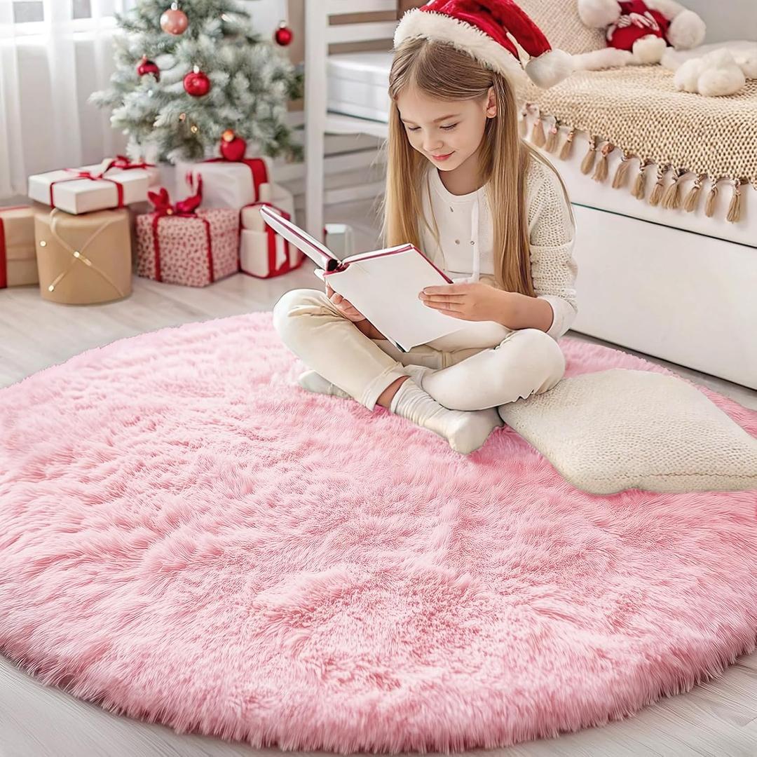 OLANLY Pink Round Rugs for Bedroom - Machine Washable, 4 ft Circle Area Rugs for Living Room, Soft and Fluffy Shaggy Carpet for Teen Girls and Boys, Nursery Rooms, Dorms, Home Decor Aesthetic