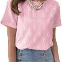 Dokotoo Women's Tops Casual Scoop Neck Short Sleeve Eyelet Embroidered Hollow Out Blouses Shirts (Pink, XL)