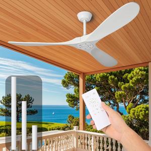 52 Inch White Ceiling Fan No Light Wood Outdoor Ceiling Fans for Patios Living Room Bedroom Dc Reversible Modern Outside Waterproof Ceiling Fan Without Light with Remote Control (White Blades + White Body)