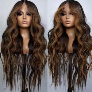 Synthetic Lace Front Wigs for Black Women Highlight Brown Mix Black Natural Wavy Glueless Wig Ready to Wear 13x4x1 HD Lace Pre Plucked Middle Part Wig 26 Inch