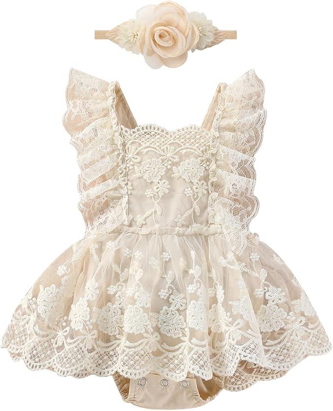FYMNSI Newborn Baby Girl 1st Birthday Outfit Floral Lace Tulle Romper Tutu Dress Cake Smash Princess Boho Clothes Photo Shoot, 90