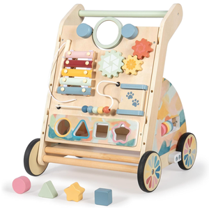 LOLFUN Wooden Baby Walker with Detachable Busy Board, Push Walker for Baby with Adjustable Speed Wheels, Activity Learning Walker for Boys Girls 12 Months