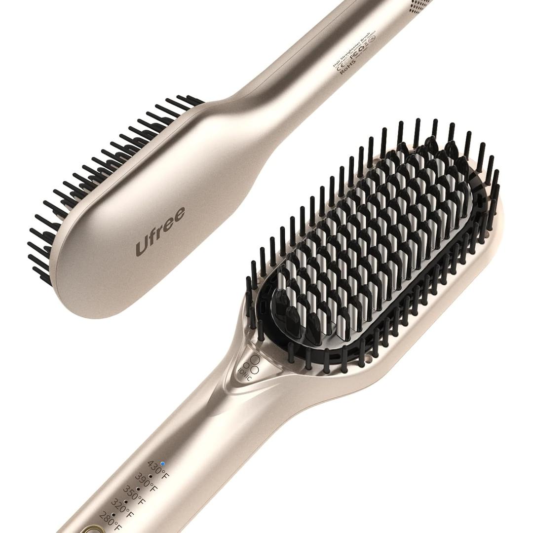 Ufree Upgraded Hair Straightener Brush, 5 Temps Straightening Brush with Ionic Tech, Cool Air System, Dense Bristles, Dual Voltage, Ceramic Hot Comb, Women's Gifts