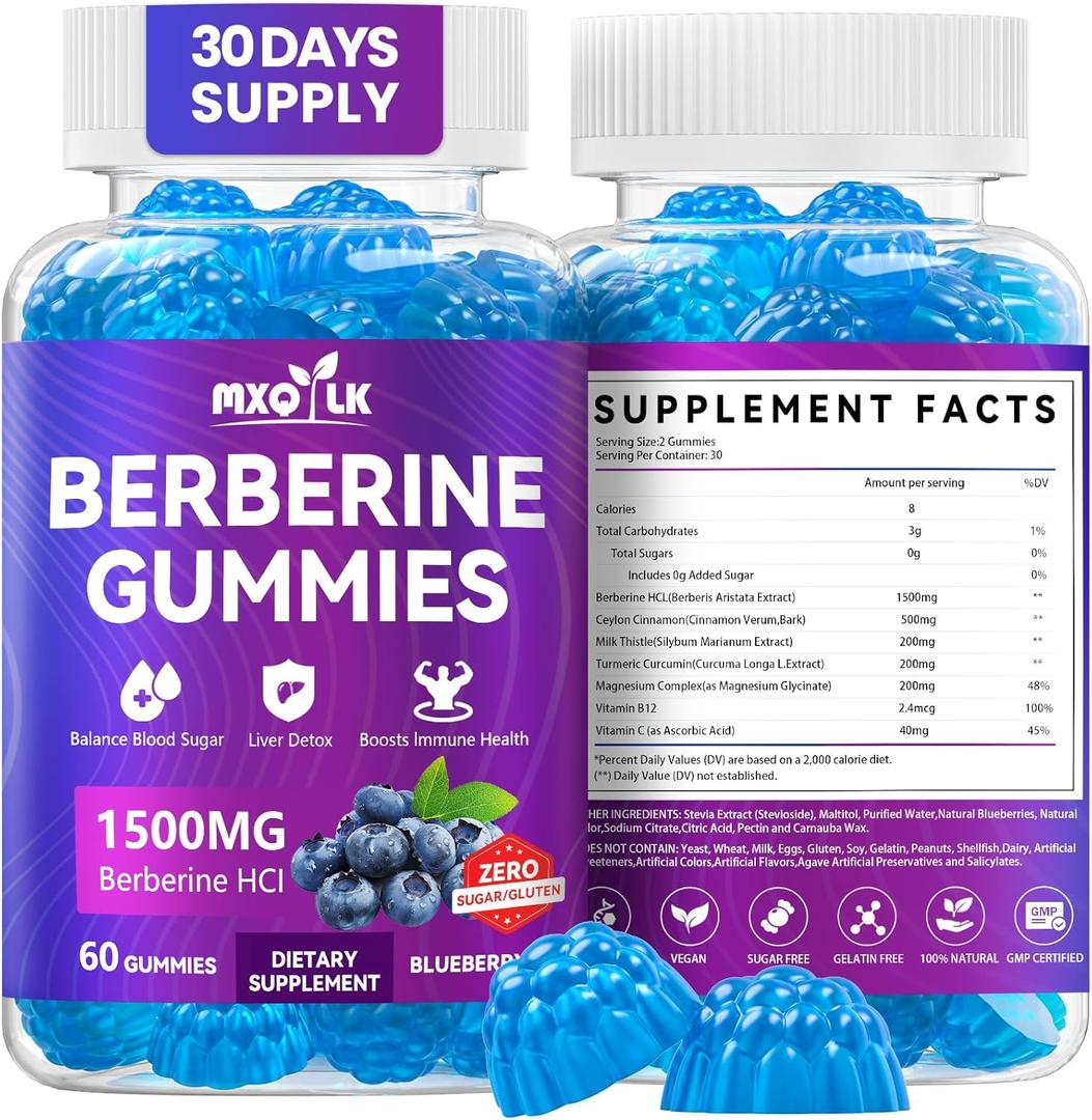 Berberine Gummies 1500mg  High Potency Berberine Supplement with Ceylon Cinnamon and Milk Thistle  Supports Glucose Metabolism & Natural Liver Function  Vegan, Sugar-Free, Non-GMO  60 Count