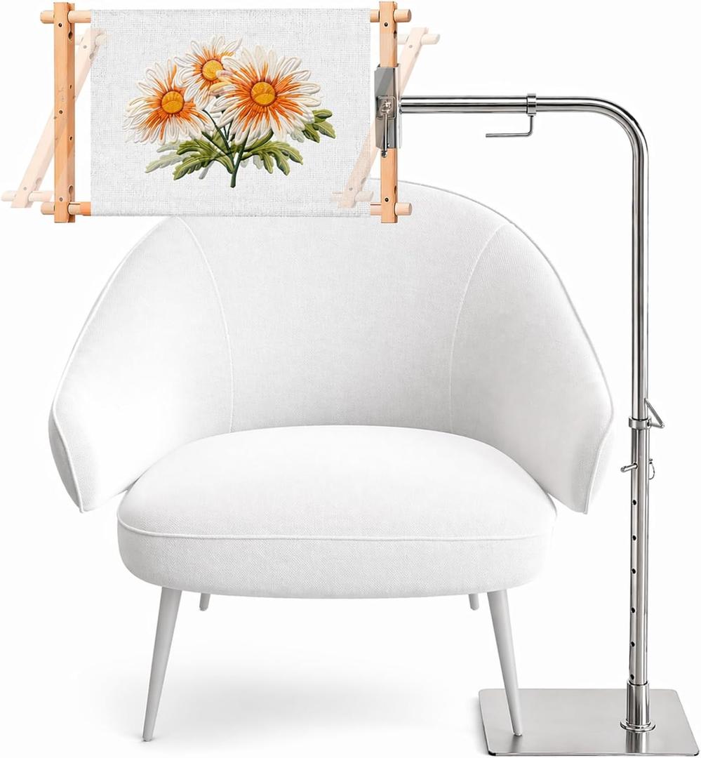 Adjustable Cross Stitch Floor stand with Side Clamp Fit for Lowery Workstand, 360 Rotating Needlepoint Stand for Embroidery Hoops, Q-Snap Frames & Scroll Rods, All Stainless Steel Construction