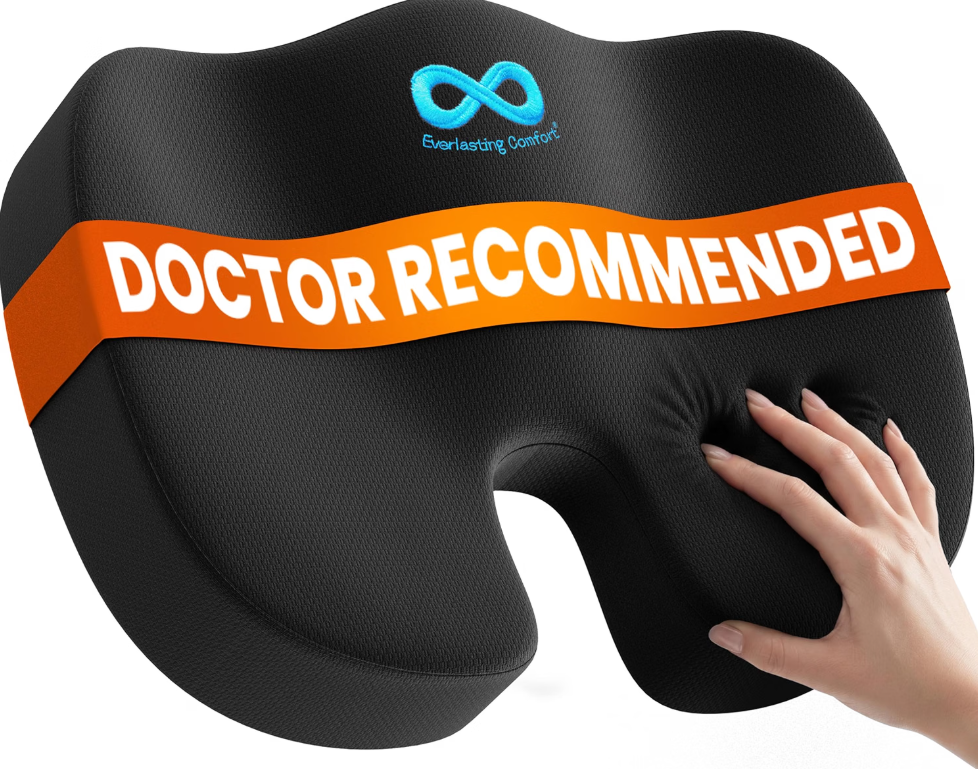 Everlasting Comfort Doctor Recommended Memory Foam Seat Cushion for Office Chairs & Car - Ergonomic Office Desk Accessories - Cushions for Tailbone Pain Relief, Sciatica (Black, Large), Pack Of 2