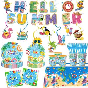 Summer Pool Party Decorations Supplies - 125 Pcs Beach Party Tableware Set with "Hello Summer" Banner, Plates, Napkins, Cups, Tablecloth, Cake Topper, Swirls & Forks for Hawaiian Birthday - Serve 20