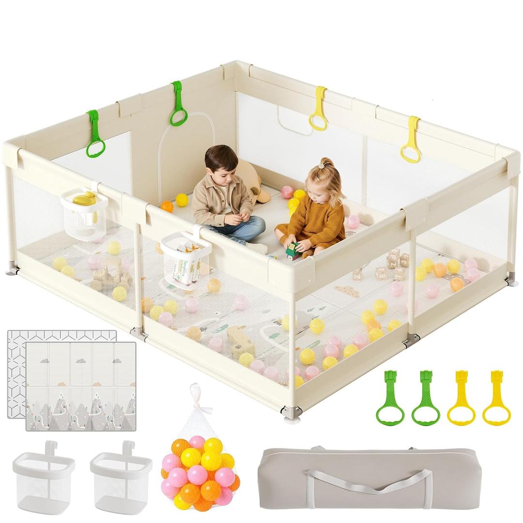 Zeebaba Baby Playpen with Mat, 71×59 in Beige Indoor Play Yard