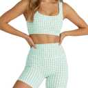 Aoysky Womens Workout Gingham 2 Piece Outfits Padded Open Back Crop Tank High Waist Sports Shorts Sets Yoga Matching Sets (Green, L)