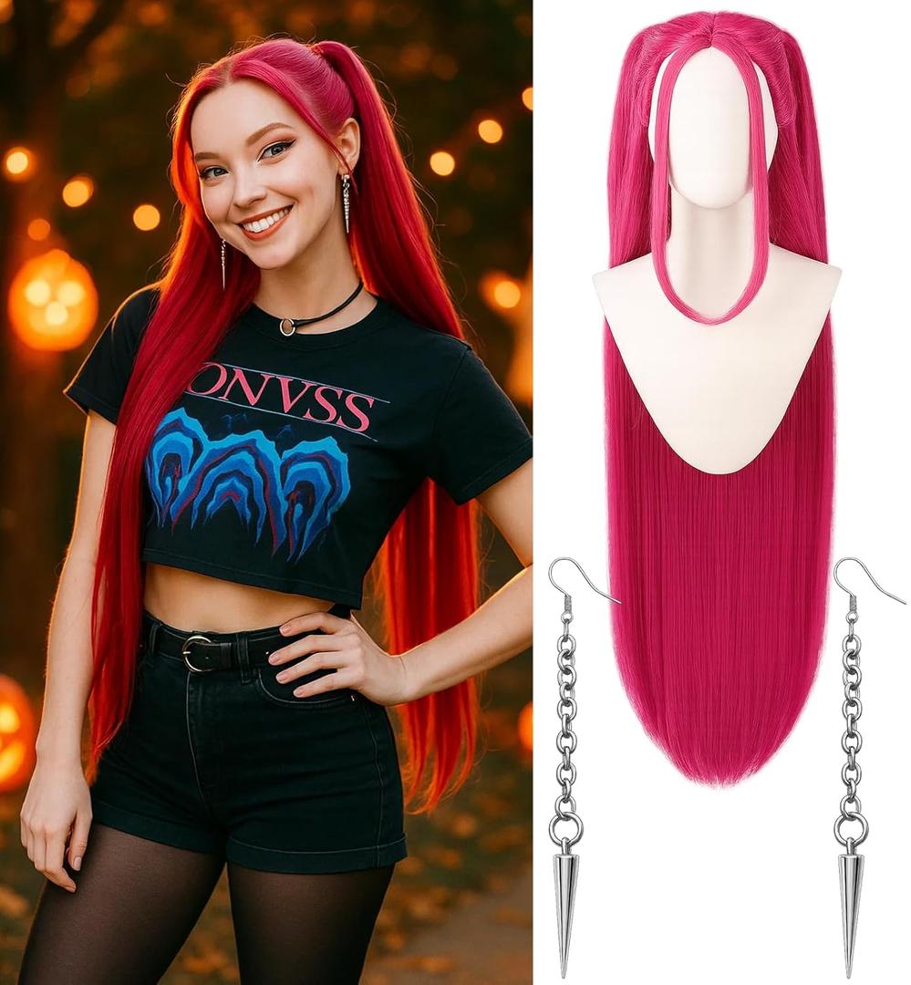 Swooflia Pink Straight Wig for Women & Cosplay Accessories - Convenient Set Includes Adjustable Wig Cap, Earings, Cosplay Wig for Halloween, Costume, Party and Daily Use