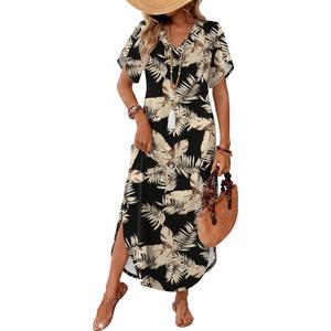 WIHOLL Summer Dresses for Women Short Sleeve Maxi Dresses V Neck Sundress with Side Slit Pockets Casual Beach Dress (M)