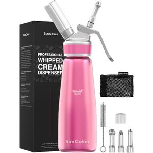 Whipped Cream Dispenser,Aluminum Cream Whipper 500mL/1 Pint,3 Decorating Nozzles,1 Brush, 1 Storage Bag,Homemade Whipped Cream Maker,Pink