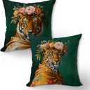 Funky Floral Crowned Leopard Tiger Portrait Pillow Covers 18x18, Modern Maximalist Eclectic Fashionista Cheetah Tiger Animal Decorative Pillow Covers for Home Living Room Bedroom Set of 2