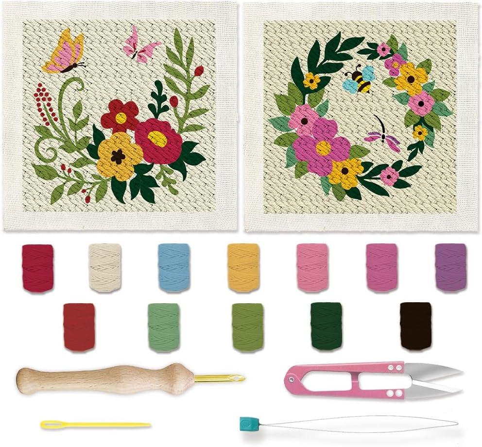 BEUNITONE 2 Sets Flower Punch Needle Kits Butterfly Beginner Punch Embroidery Kits with Frame Embroidery Starter Kits Punch Stitching Kit with Instruction for Wall Hanging Painting 9.4'' x 9.4''