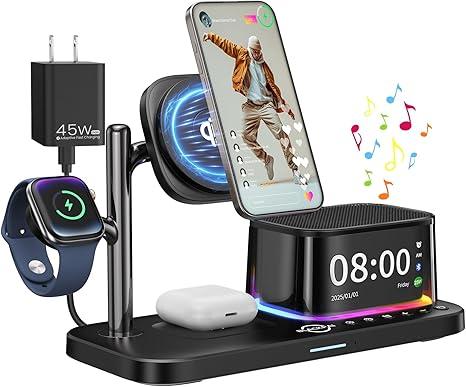 7in1 Wireless Charging Station for Multiple Apple Devices Bluetooth Speakers Alarm Clock Night Light, Qi2.2 MagSafe Charger Stand for iPhone 17/16/15 Pro Max Apple Watch Airpods with 45W Adapter