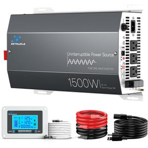 1500W Sump Pump Battery Backup System, Pure Sine Wave Power Inverter with Charger, Backup System for Power Outage, LCD Screen Remote Controller, Automatic Switching for Grid and Battery 