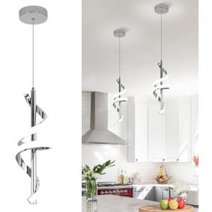 Spiral Led Pendant Light Fixtures, 5500K Cold White Modern Led Pendant Light Kitchen Island, Adjustable Height Kitchen Island Lights Fixtures for Dining Room Kitchen Bedroom Sink (1 Pack, Chrome)