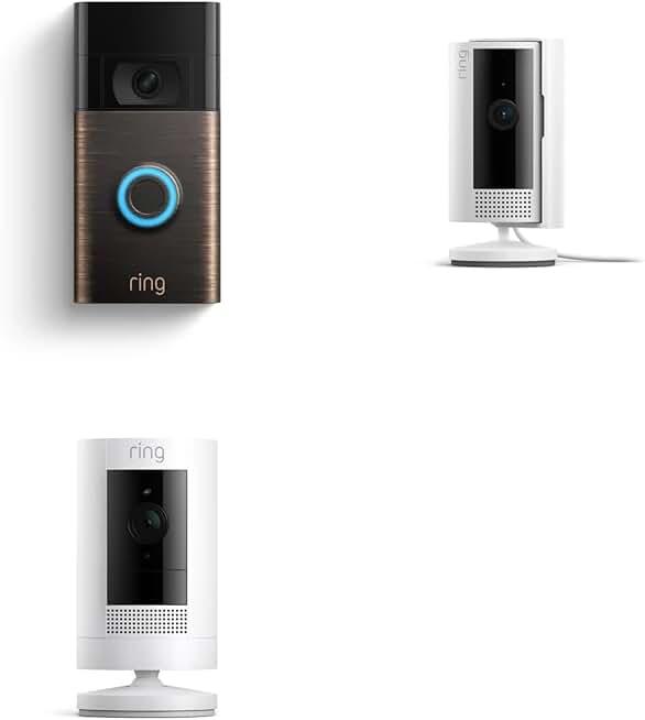 Ring Video Doorbell (Venetian Bronze) with Ring Stick Up Cam Battery and Ring Indoor Cam, White