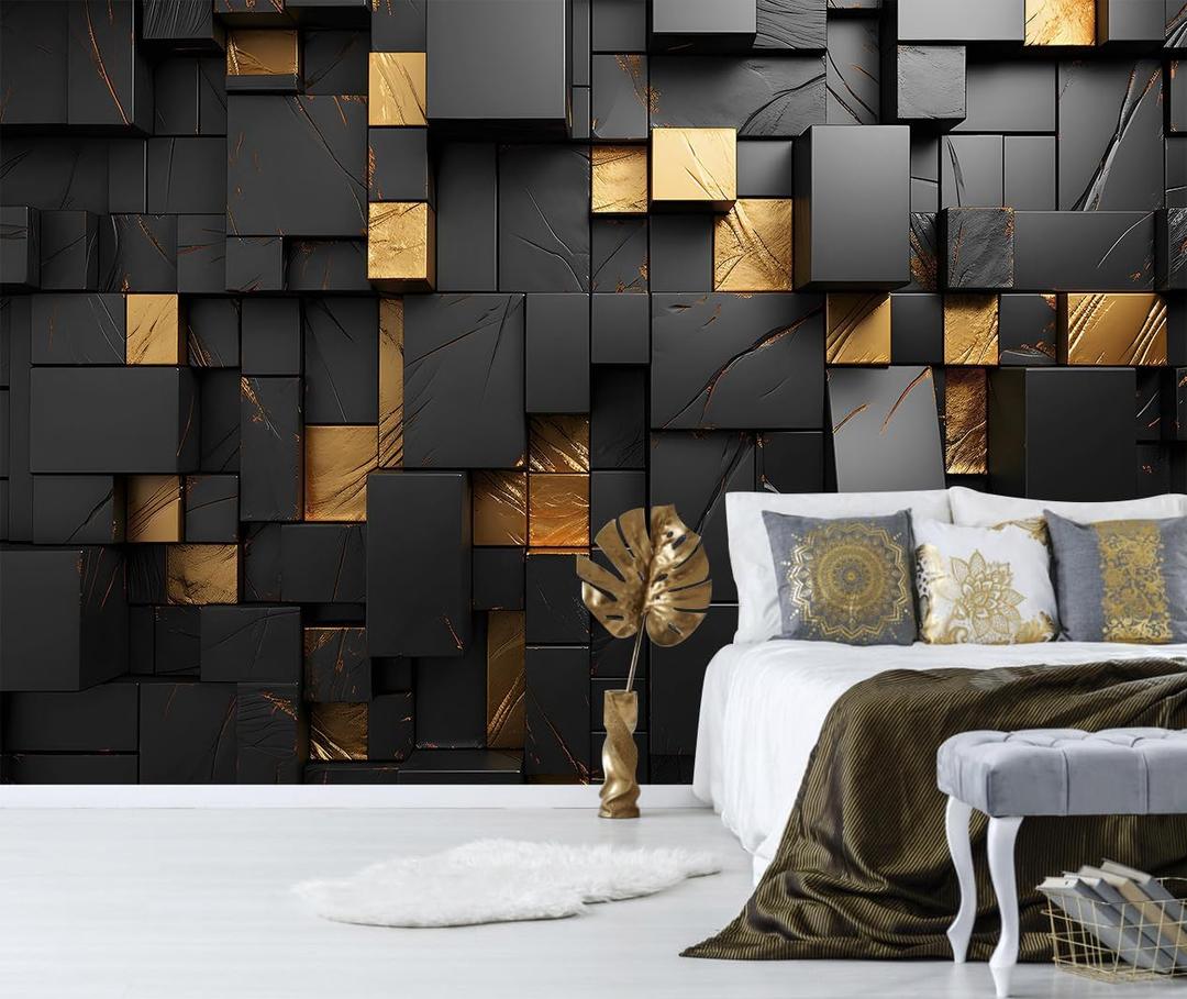 Black Gold Geometric Wallpaper Peel and Stick 3D Large Self Adhesive Wall Mural for Living Room 137"x100"