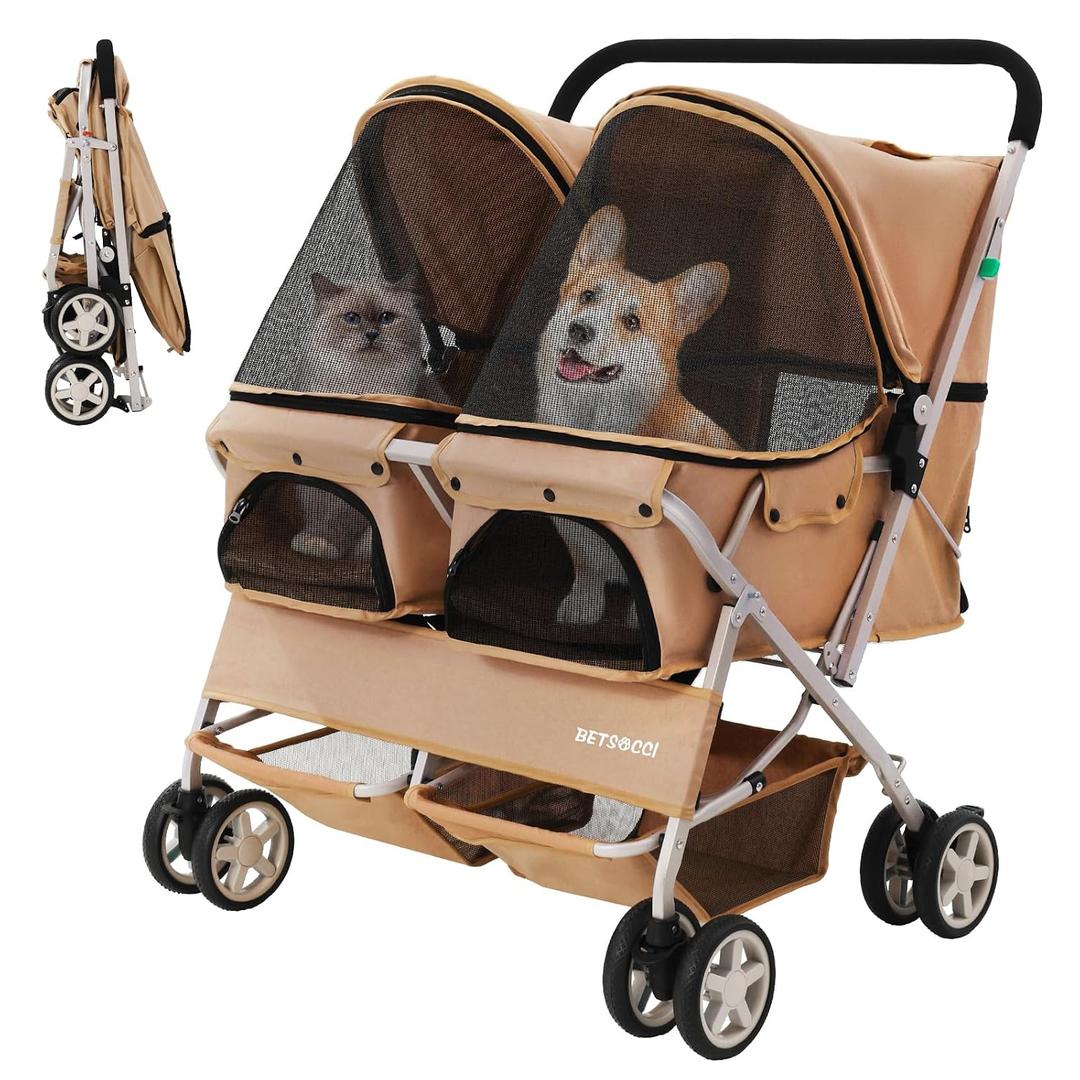 Double Pet Stroller for 2 Small Dogs & Cats, Side-by-Side Twin Travel Carriage with Safety Leashes, Mesh Windows & Double Storage Baskets, Lightweight & Foldable, 44lbs Capacity, Khaki