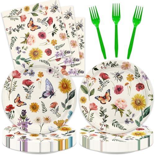 48Pcs Wildflower Baby Shower Decorations Butterfly Floral Bridal Shower Plates and Napkins Party Supplies Wildflower Party Decorations for Romantic Birthday Decor