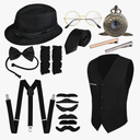 GOLDGE Gatsby-inspired 1920s Men's Costume Set with Gangster Vest, Pocket Watch, Hat, Suspenders Accessories for Halloween Cosplay or Retro Parties Size L